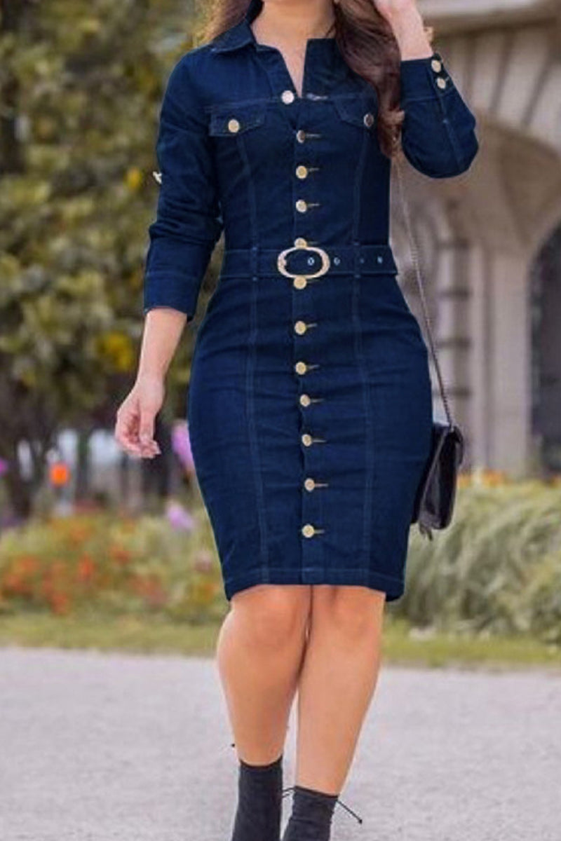 Casual Buttons Turndown Collar Long Sleeve Regular Denim Dresses(4 Colors)