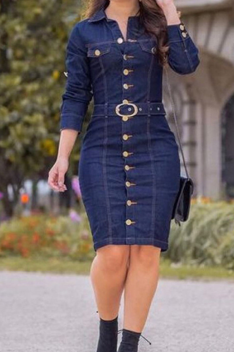 Casual Buttons Turndown Collar Long Sleeve Regular Denim Dresses(4 Colors)