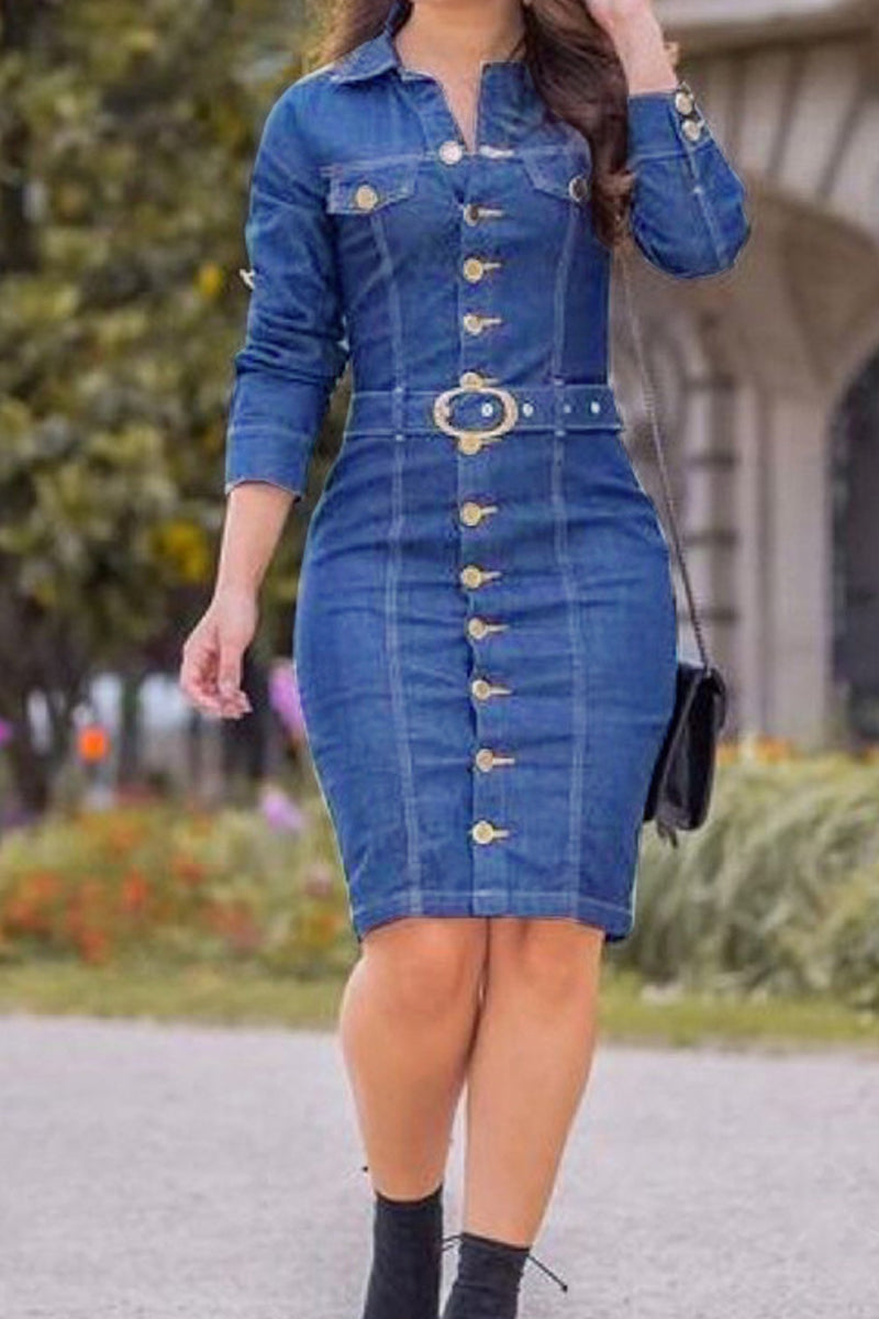 Casual Buttons Turndown Collar Long Sleeve Regular Denim Dresses(4 Colors)