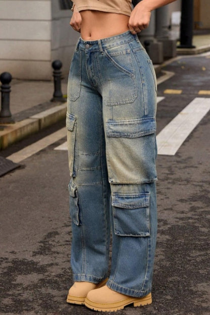 Casual Patchwork Pocket Mid Waist Straight Denim Jeans