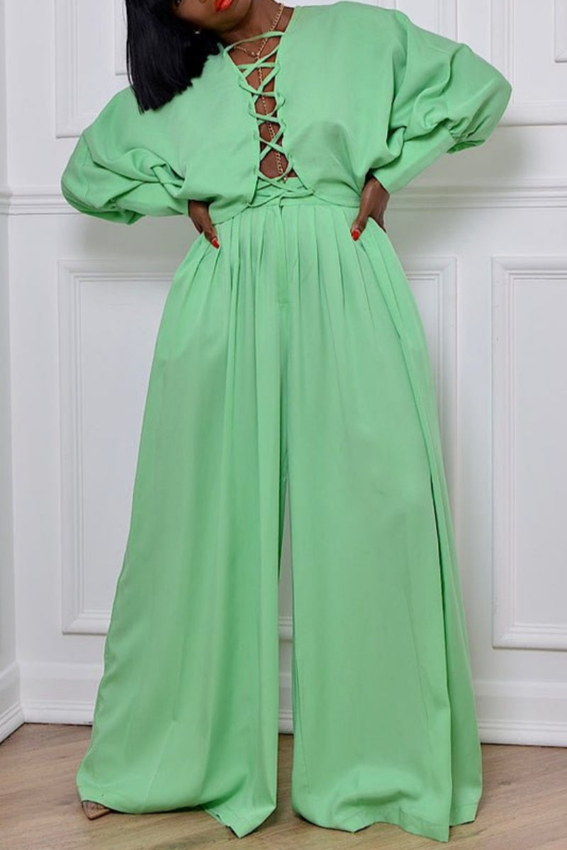 Casual Solid Color Belted Long Sleeve Two Pieces