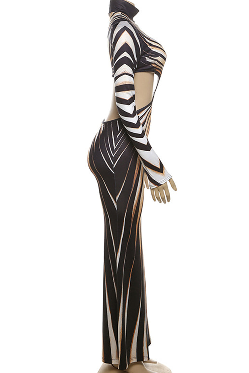 Elegant Stripe Patchwork Backless Turtleneck Long Dresses