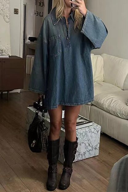 Street Pocket Patchwork Zipper Turndown Collar Long Sleeve Loose Denim Dresses