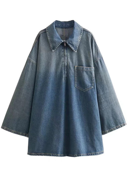 Street Pocket Patchwork Zipper Turndown Collar Long Sleeve Loose Denim Dresses