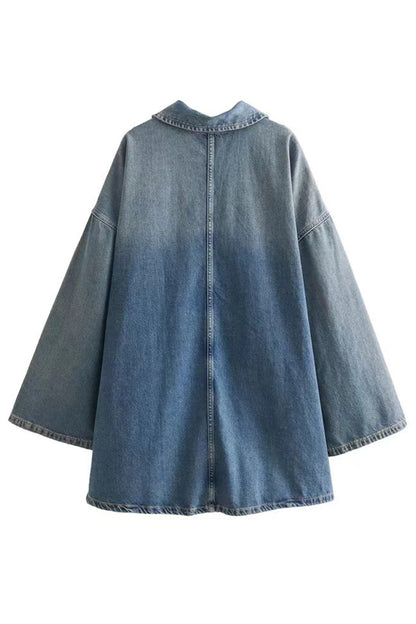 Street Pocket Patchwork Zipper Turndown Collar Long Sleeve Loose Denim Dresses