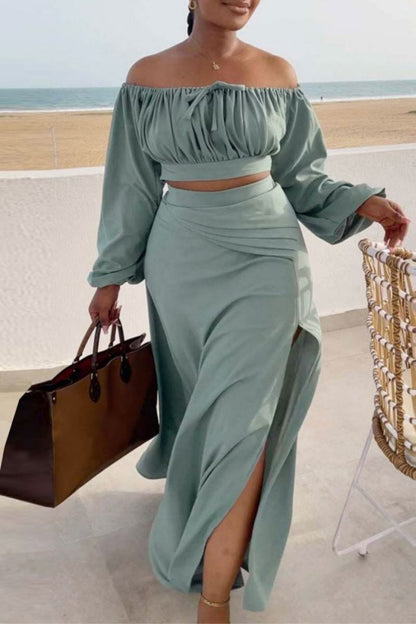 Casual Slit Off Shoulder Long Sleeve Two Pieces