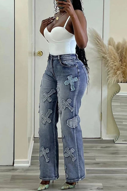 Casual Patchwork Basic High Waist Straight Denim Jeans