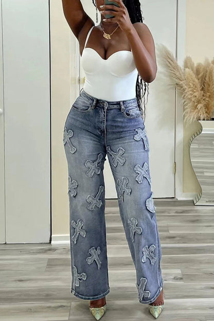 Casual Patchwork Basic High Waist Straight Denim Jeans