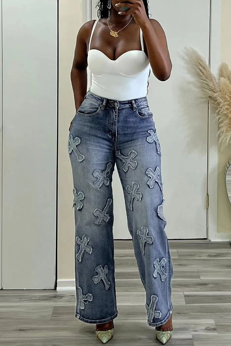 Casual Patchwork Basic High Waist Straight Denim Jeans