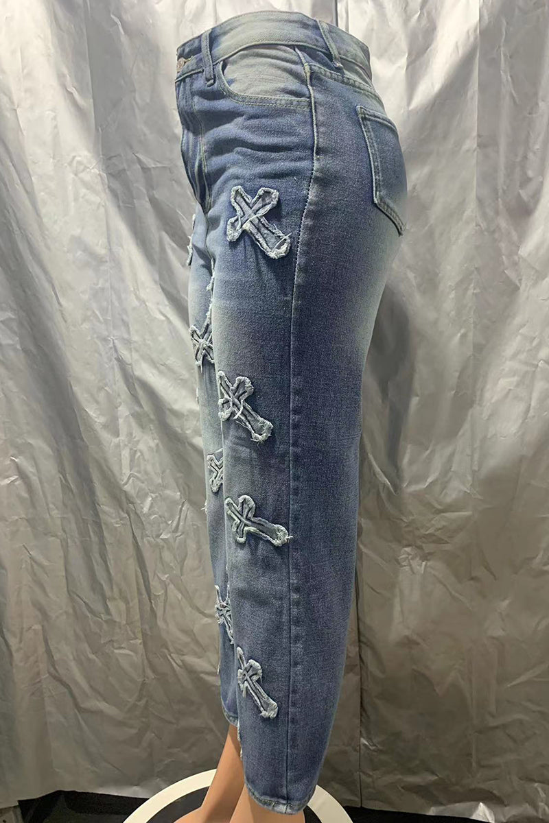 Casual Patchwork Basic High Waist Straight Denim Jeans