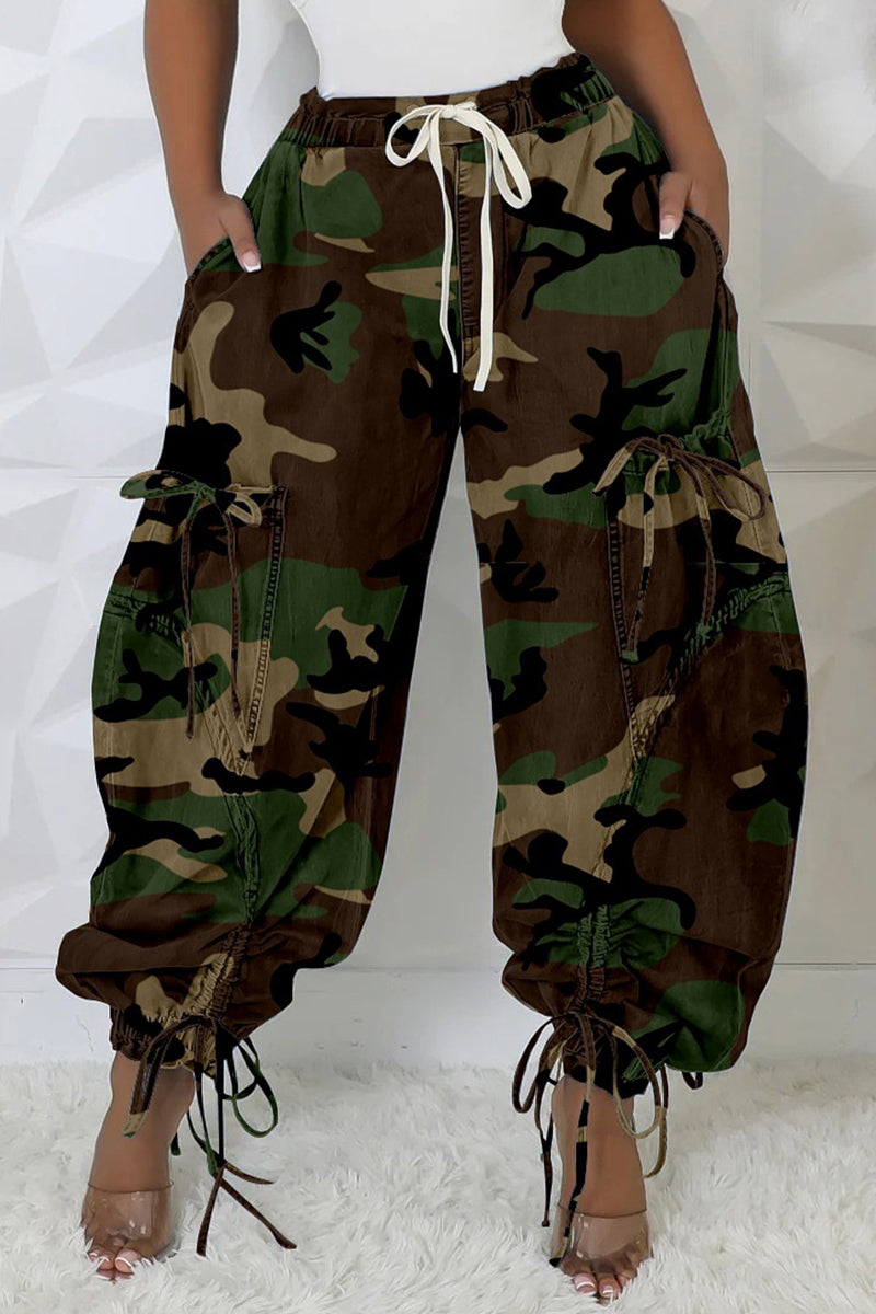 Casual Camouflage Print Draw String Pocket Patchwork Strap Design Harlan Mid Waist Harlan Full Print Bottoms