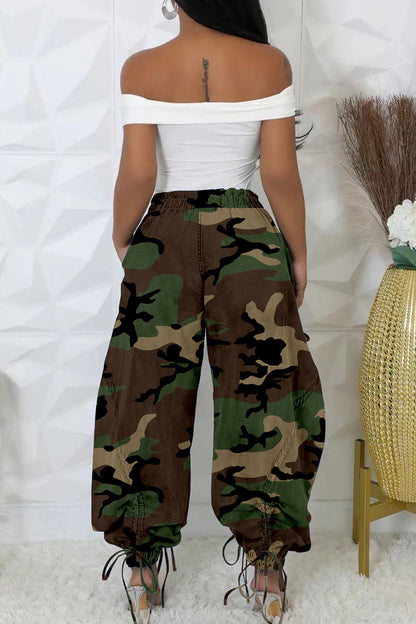 Casual Camouflage Print Draw String Pocket Patchwork Strap Design Harlan Mid Waist Harlan Full Print Bottoms