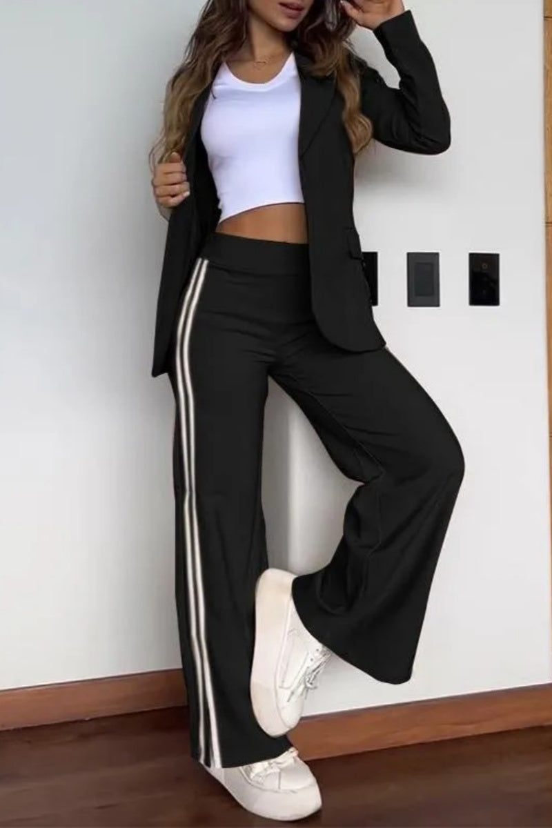 Casual Stripe Slit Pants Turn-back Collar Long Sleeve Two Pieces(5 Colors)