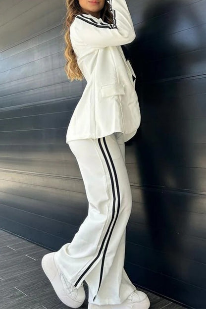 Casual Stripe Slit Pants Turn-back Collar Long Sleeve Two Pieces(5 Colors)