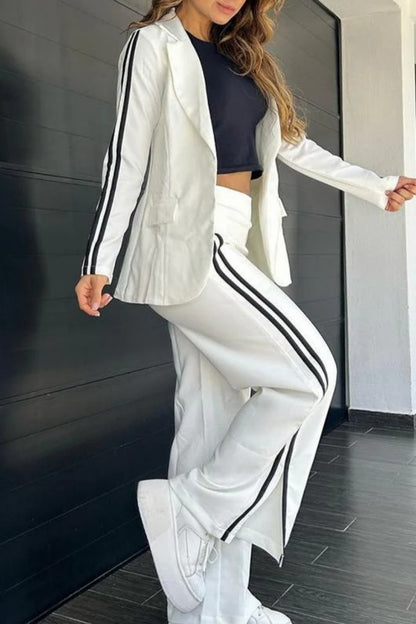 Casual Stripe Slit Pants Turn-back Collar Long Sleeve Two Pieces(5 Colors)