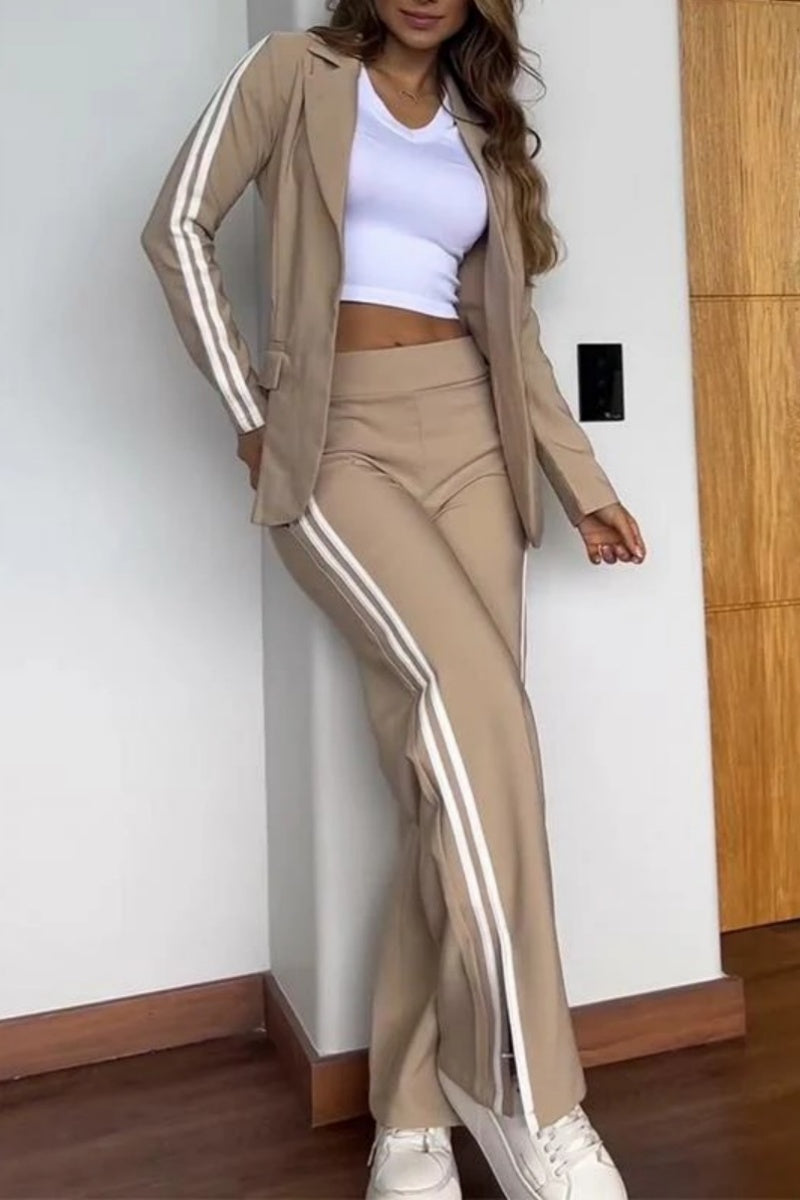 Casual Stripe Slit Pants Turn-back Collar Long Sleeve Two Pieces(5 Colors)