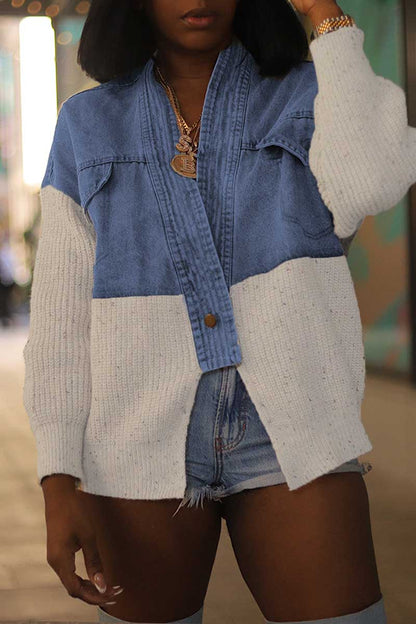 Casual Patchwork Contrast Deep V Neck Long Sleeve Regular Denim Jacket(3 Colors)