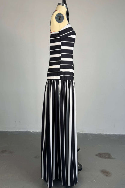 Elegant Stripe Patchwork Backless Spaghetti Strap Sling Dresses