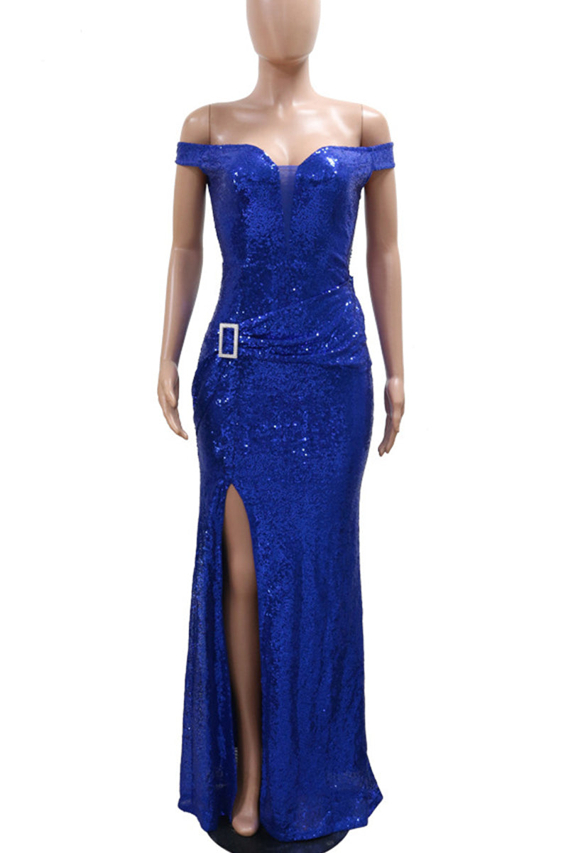 Elegant Sequins Patchwork Backless High Slit Off Shoulder Long Dresses