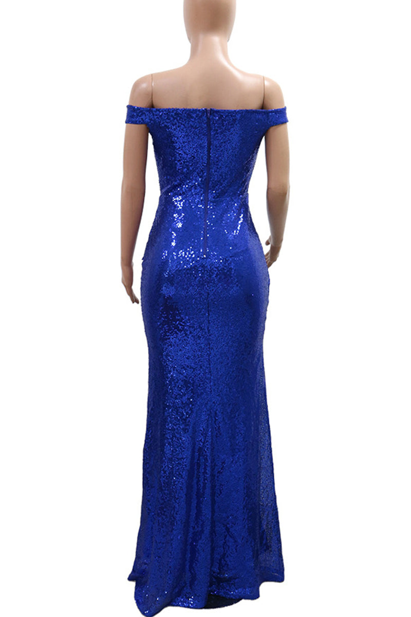 Elegant Sequins Patchwork Backless High Slit Off Shoulder Long Dresses