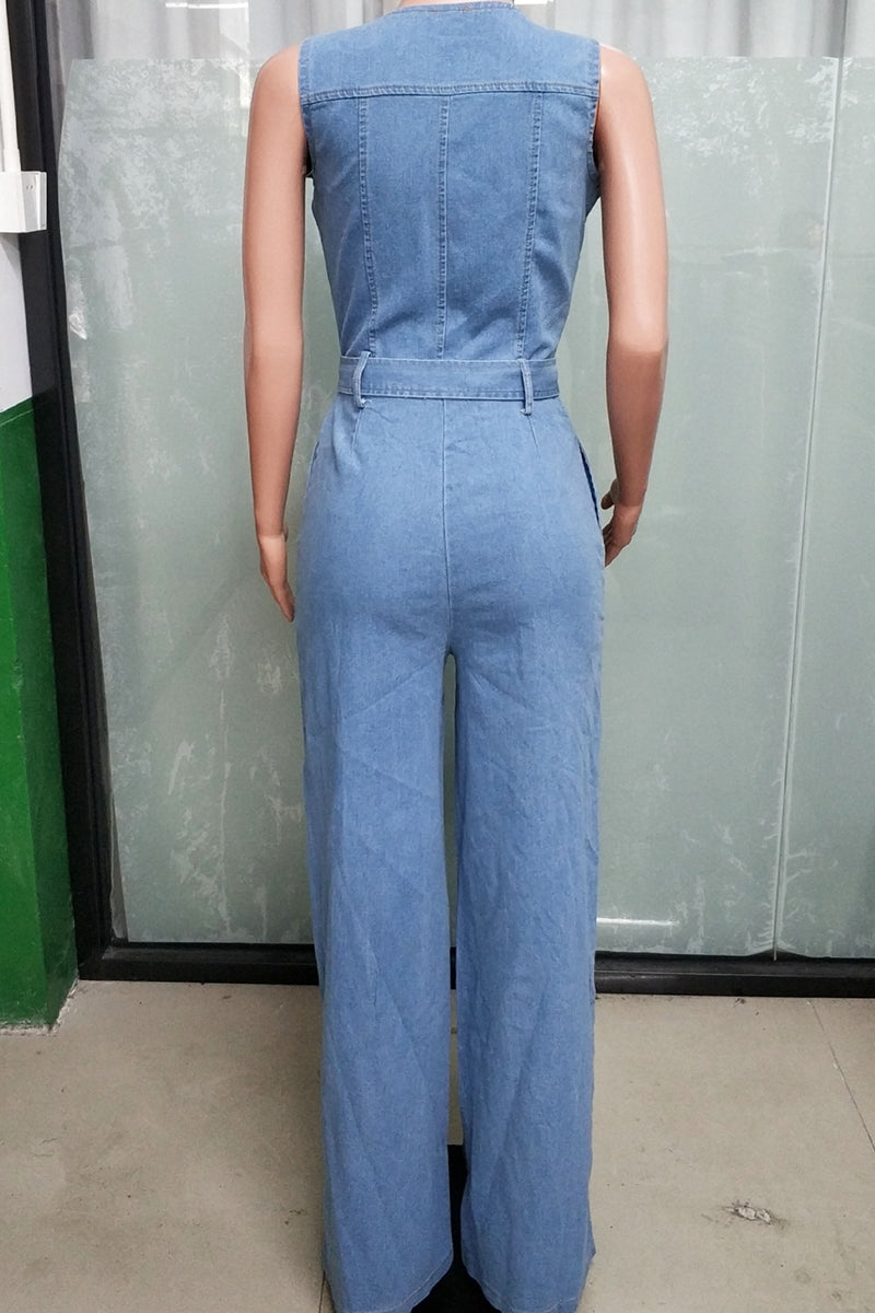 Casual Pocket Patchwork Strap Design Zipper Zipper Collar Loose Denim Jumpsuits