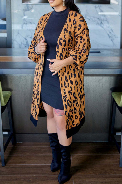 Casual Leopard Print Patchwork Cardigan Collar Outerwear