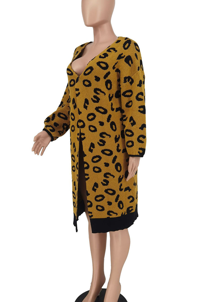 Casual Leopard Print Patchwork Cardigan Collar Outerwear