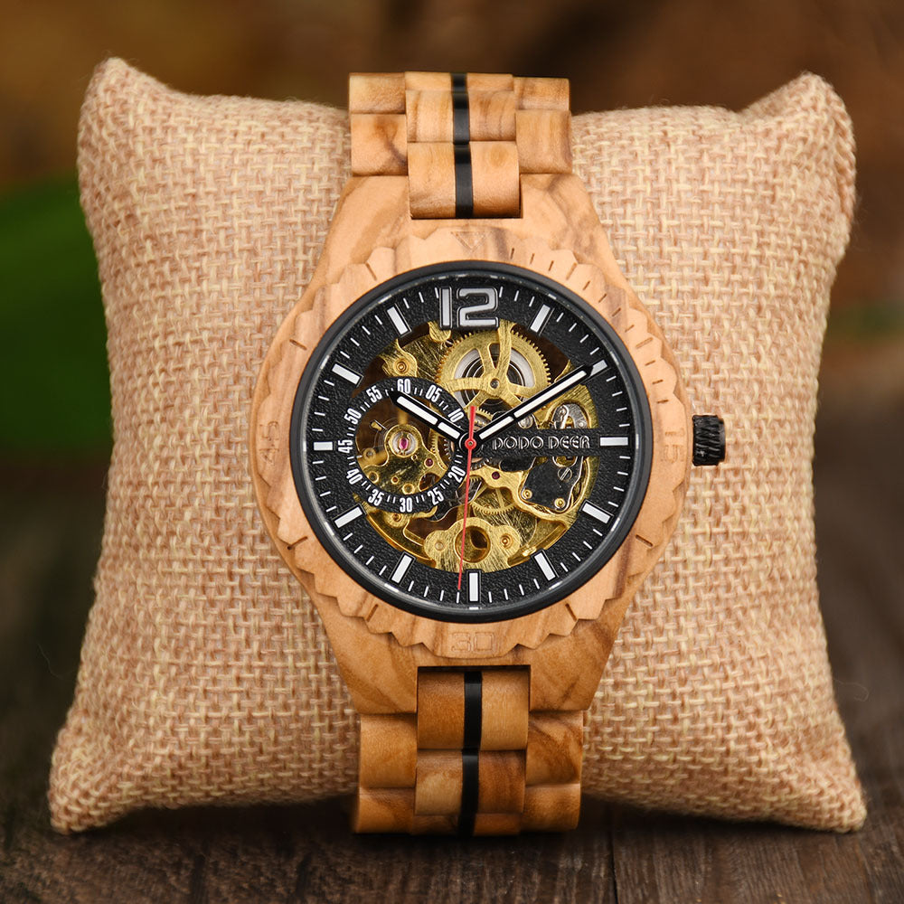 Stainless Steel Mechanical Wood Watch(3 Colors)