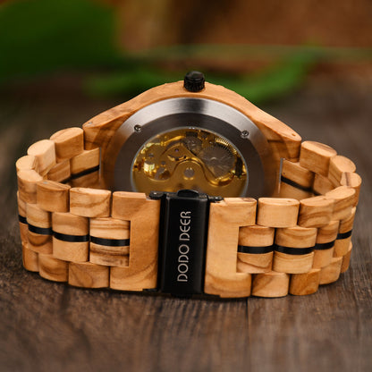 Stainless Steel Mechanical Wood Watch(3 Colors)