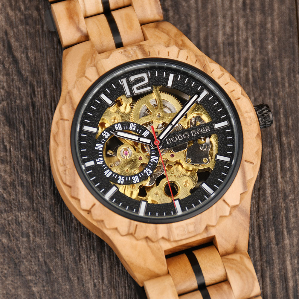 Stainless Steel Mechanical Wood Watch(3 Colors)