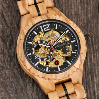 Stainless Steel Mechanical Wood Watch(3 Colors)