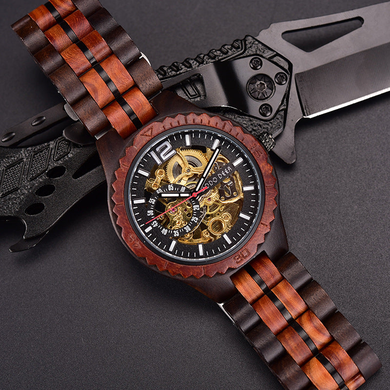 Stainless Steel Mechanical Wood Watch(3 Colors)