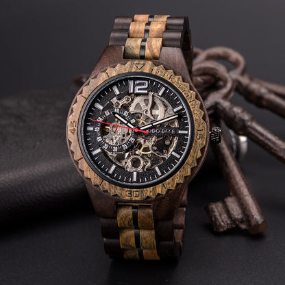 Stainless Steel Mechanical Wood Watch(3 Colors)