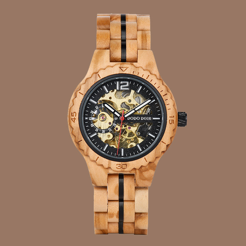 Stainless Steel Mechanical Wood Watch(4 Colors)