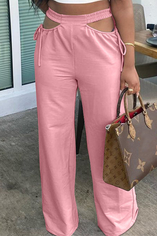 Fashion Casual Solid Hollowed Out Regular High Waist Wide Leg Trousers(4 Colors)