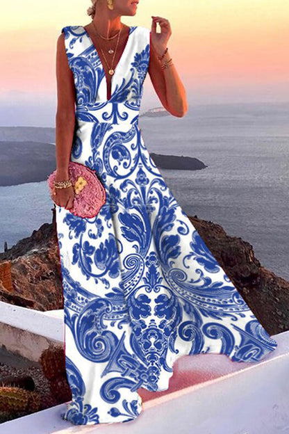 Fashion Simplicity Print Patchwork V Neck A Line Dresses