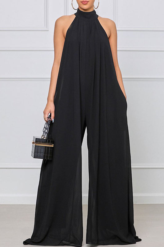 Elegant Solid Patchwork Halter Straight Jumpsuits