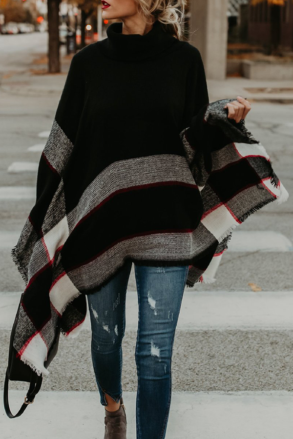 Elegant Striped Tassel Patchwork Turtleneck Tops