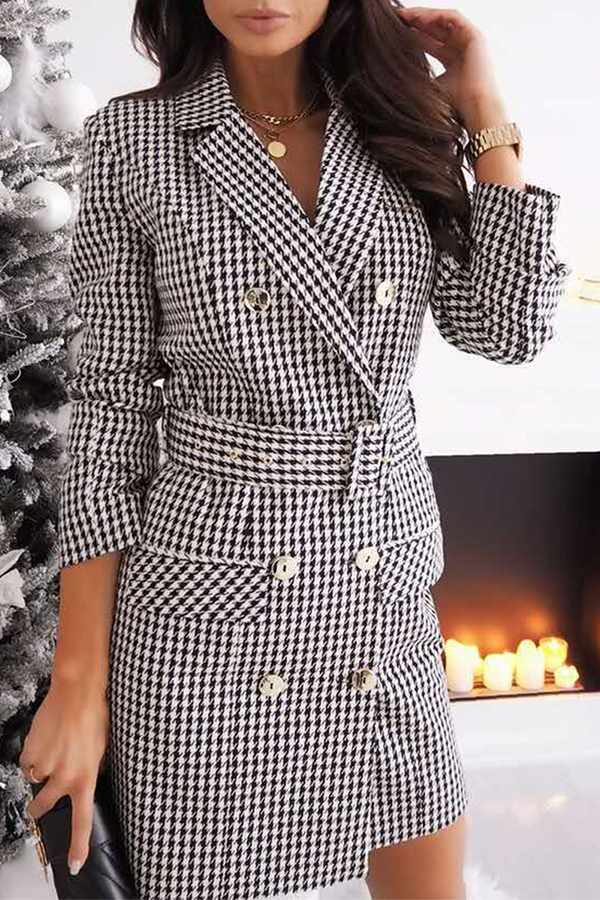 Fashion Elegant Print Buckle With Belt Turn-back Collar Dresses