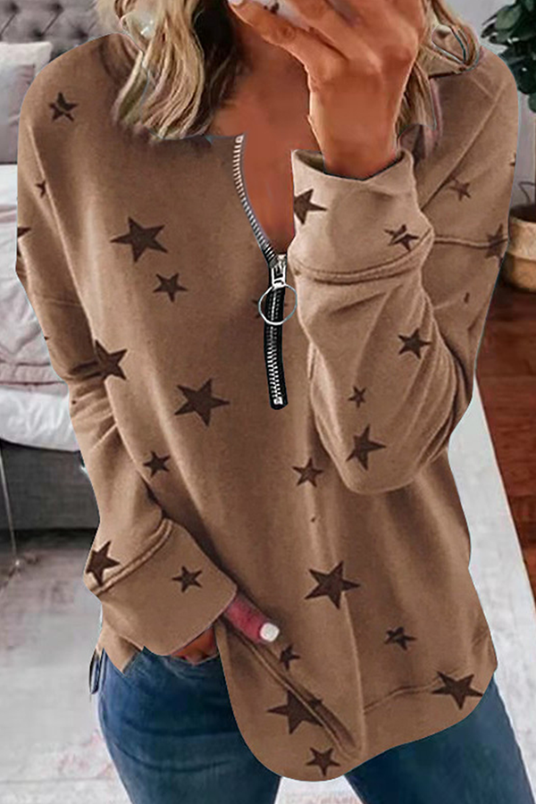 Casual The stars Patchwork Zipper Zipper Collar Tops