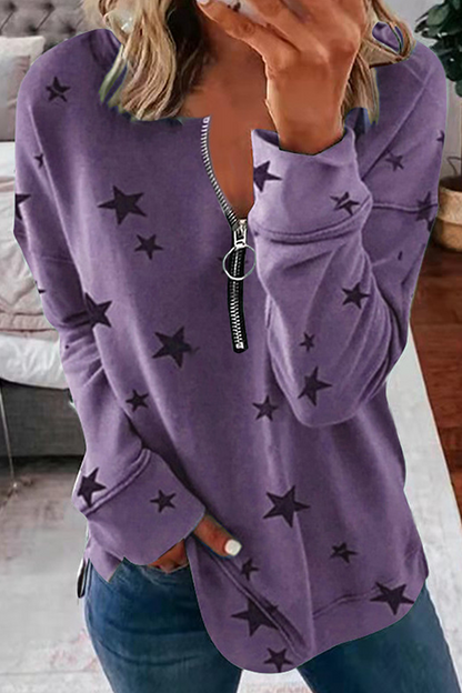 Casual The stars Patchwork Zipper Zipper Collar Tops