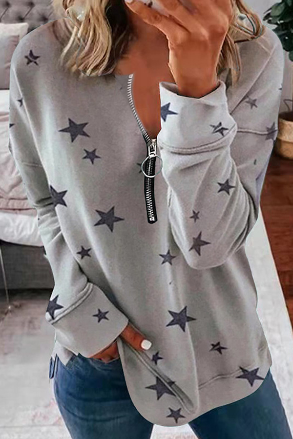 Casual The stars Patchwork Zipper Zipper Collar Tops