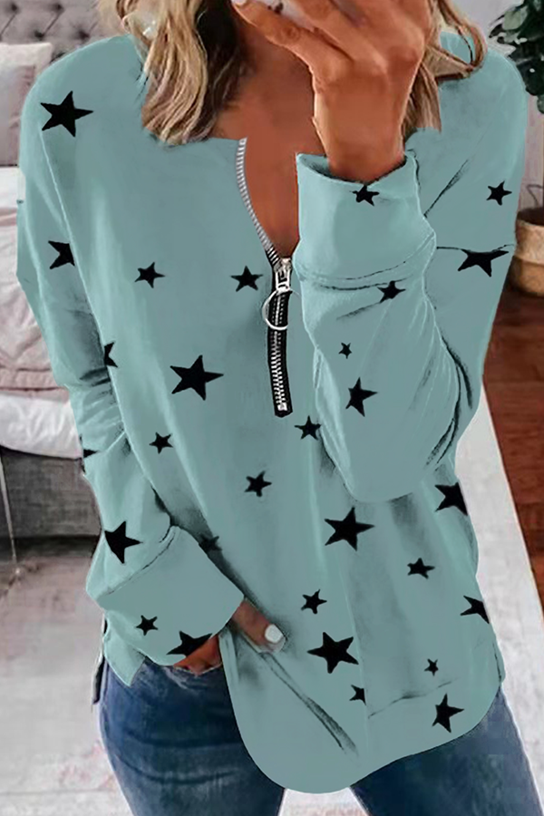 Casual The stars Patchwork Zipper Zipper Collar Tops