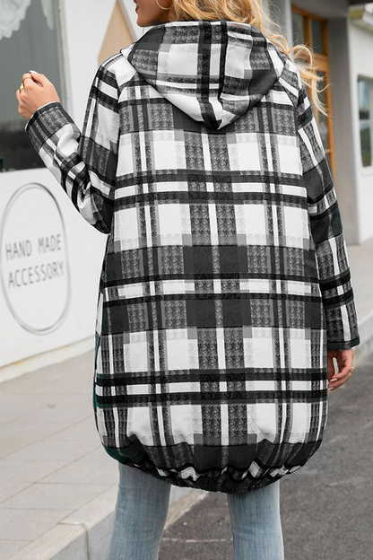 Fashion Casual Plaid Pocket Zipper Hooded Collar Outerwear