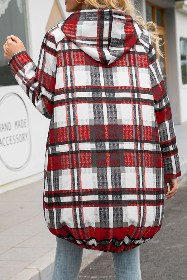 Fashion Casual Plaid Pocket Zipper Hooded Collar Outerwear