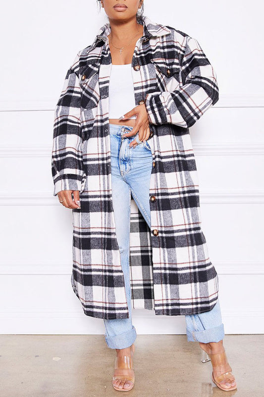 Casual Plaid Print Patchwork Buckle Turndown Collar Outerwear