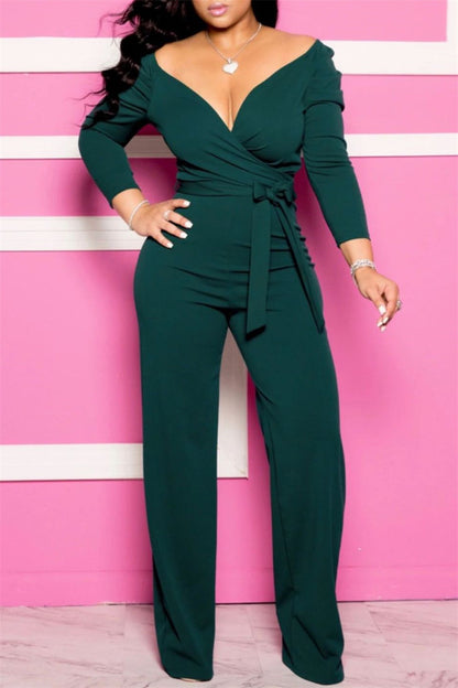 Fashion Casual Solid With Belt V Neck Regular Jumpsuits