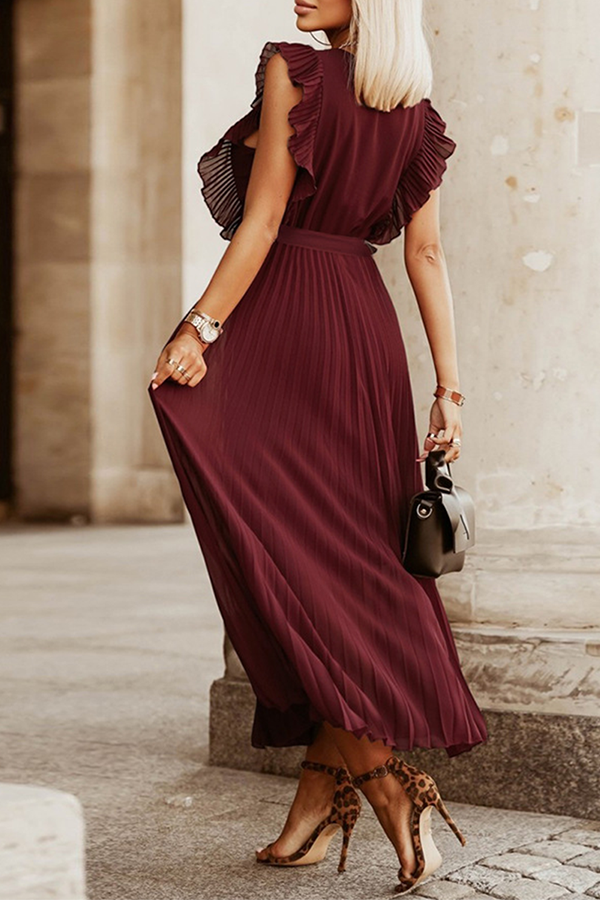 Fashion Elegant Solid Flounce Strap Design V Neck Pleated Dresses