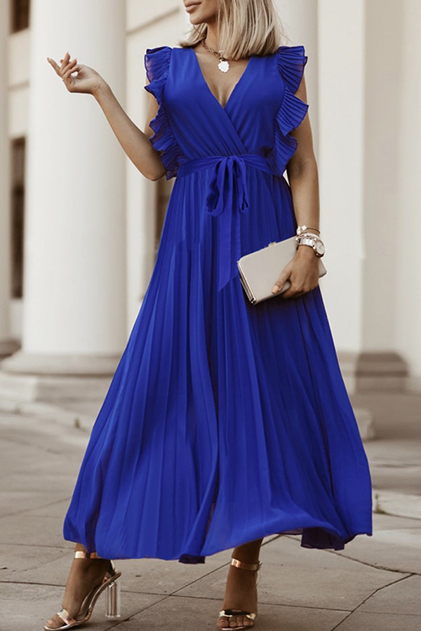 Fashion Elegant Solid Flounce Strap Design V Neck Pleated Dresses