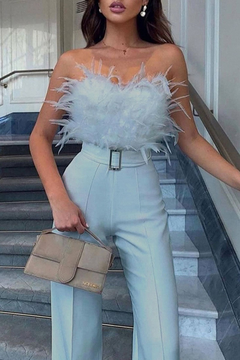 Sexy Solid Patchwork Feathers With Belt Strapless Straight Jumpsuits(Contain The Belt)(5 Colors)